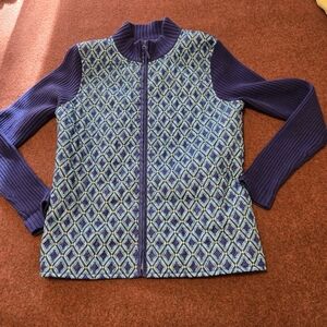 For Cynthia Blue Quilt Front Zip Jacket With Ribbed Back In Size Large